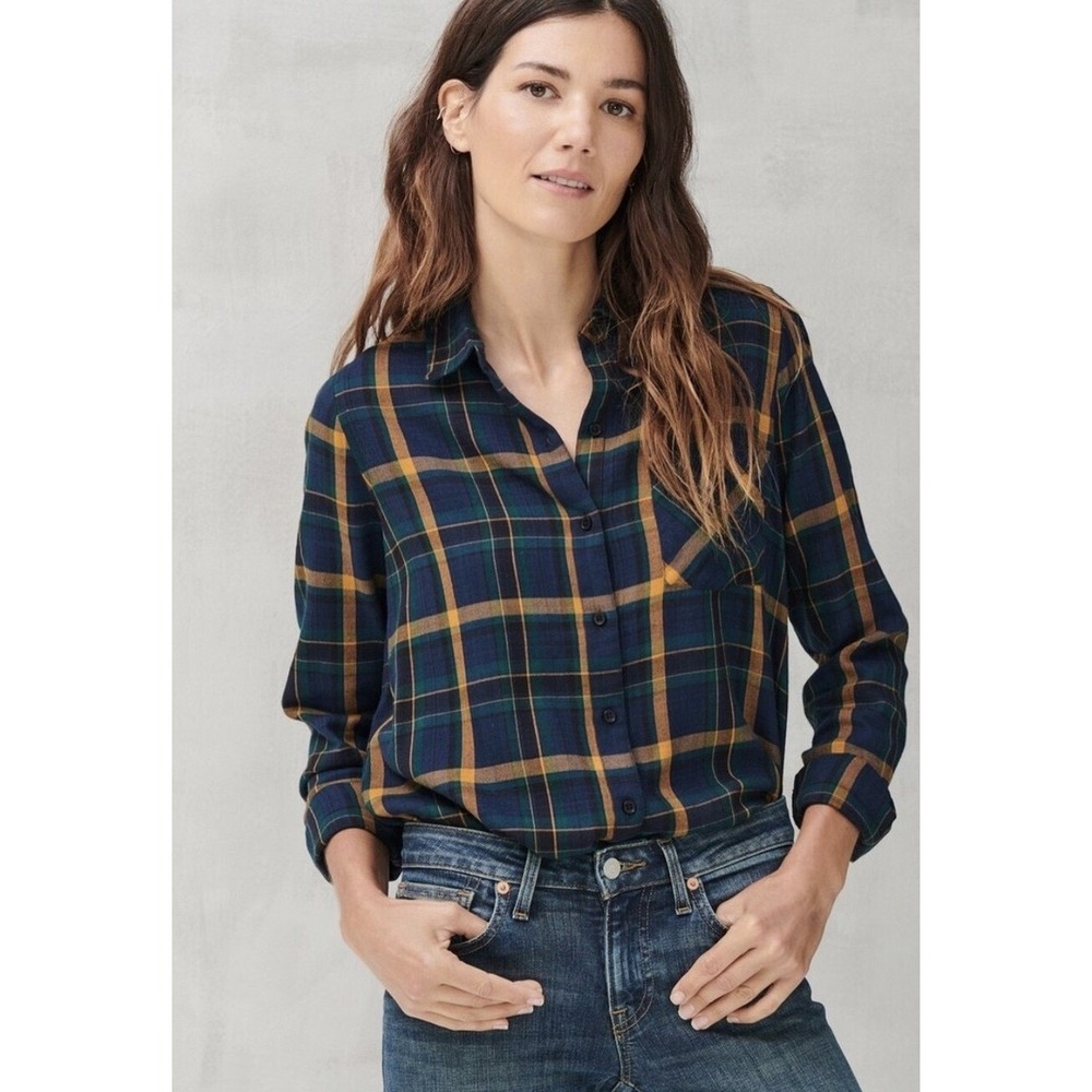 Lucky Brand Navy Multi Plaid Flannel Button Down Long Sleeve Shirt